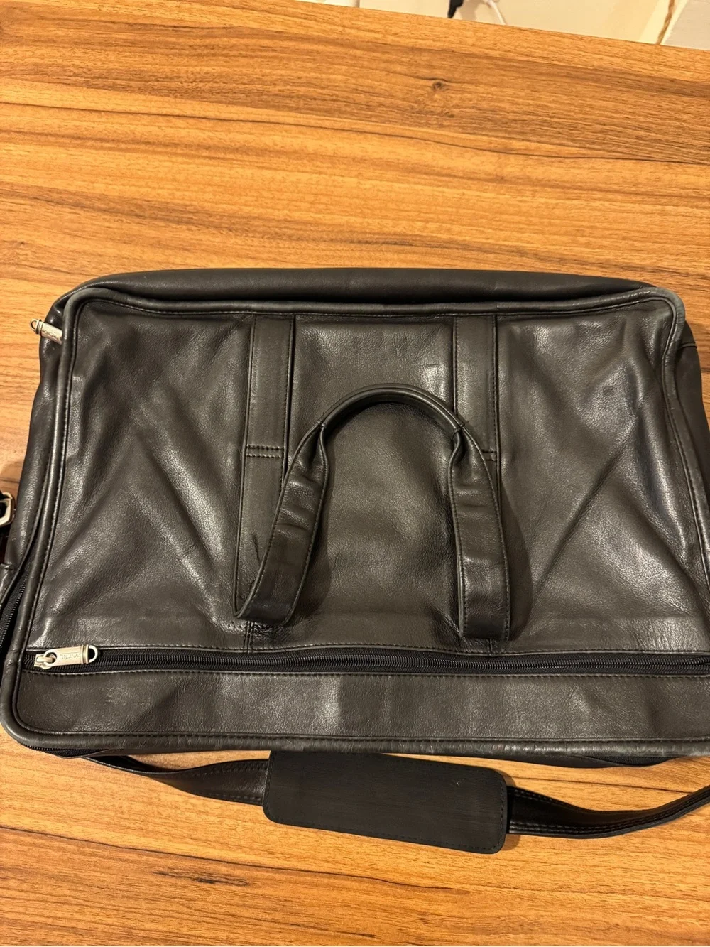 Tumi Black Leather Laptop Bag with Shoulder Strap